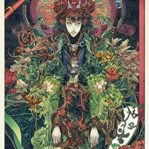 Prompt: portrait of crazy king of hearts with vegetation around, symmetrical, by yoichi hatakenaka, masamune shirow, josan gonzales and dan mumford, ayami kojima, takato yamamoto, barclay shaw, karol bak, yukito kishiro