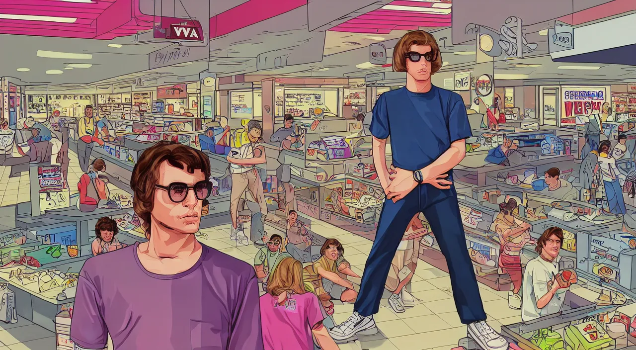 Prompt: GTA V illustration of 1980s nerdy white teenager on the cover of GTA V, in the food court of a 1980s shopping mall, wide angle lens, close up shot