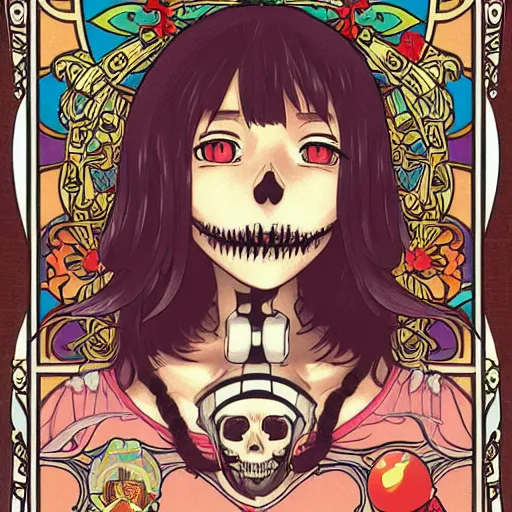 Prompt: anime manga skull portrait girl female dora the explorer skeleton illustration hyperrealistic art Geof Darrow and will cotton alphonse mucha pop art nouveau