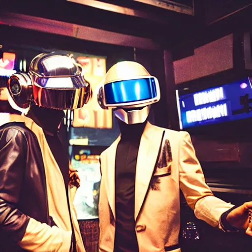 Prompt: rundown cyberpunk bar, daft punk singing singing karaoke