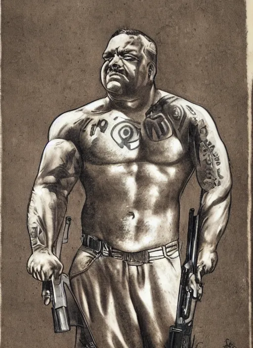 Image similar to gk chesterton as a buff mercenary with tattoos and a shotgun. portrait by james gurney.