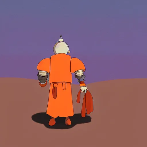 Prompt: a study of cell shaded cartoon of an orange robot monk from howl's moving castle ( 2 0 0 4 ) on a desert road, full body, wide shot, very muted colors, post grunge, studio ghibli, laurie greasley, highly detailed, deviantart, art by artgem