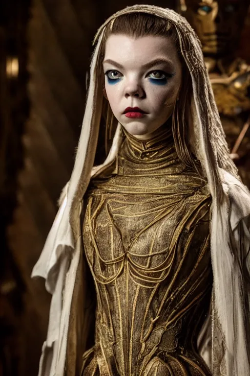 Image similar to dressed anya taylor - joy as senobith, symmetrical, cinematic, elegant, dark, real photography, costume made by clive barker, 4 k, ultra hd, sense of awe