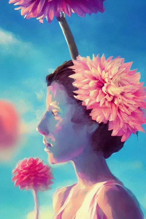 Image similar to closeup girl with huge dahlia flower face, on the beach, surreal photography, blue sky, sunrise, dramatic light, impressionist painting, digital painting, artstation, simon stalenhag