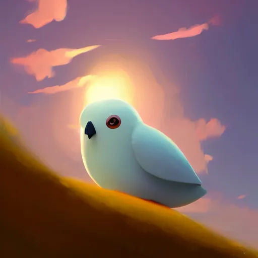 Image similar to goro fujita ilustration a cute little bird perched on a rock watching the ocean and the waves with their foam, the sky with fluffy clouds and makes a warm light, painting by goro fujita, sharp focus, highly detailed, artstation