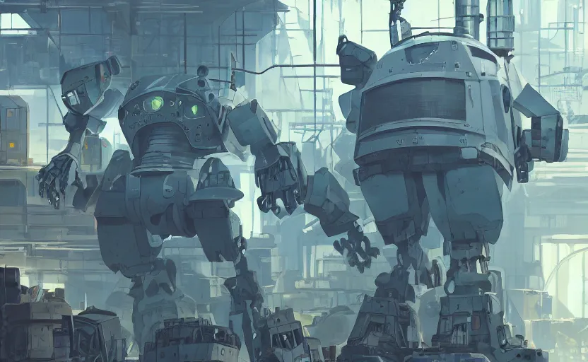 Image similar to a huge broken robot standing in a mess warehouse, crystal lights, sci - fi atmosphere, cel - shading, cinematic, artstation, studio ghibli, miyazaki, highly details