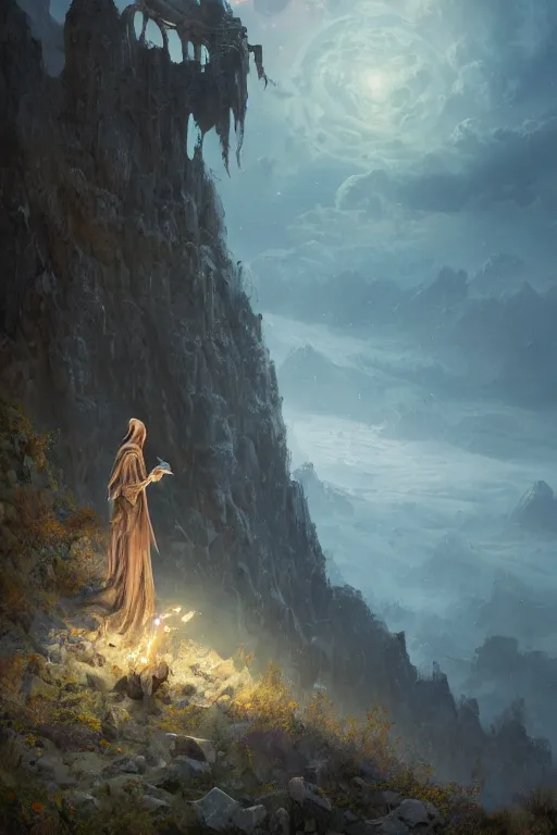 Image similar to profile view, a necromancer on a cliff with a staff casts a spell that reveals the secret of life the universe and everything, dirty linen robes, staff of bones, grizzled bearded withered man by jessica rossier and hr giger