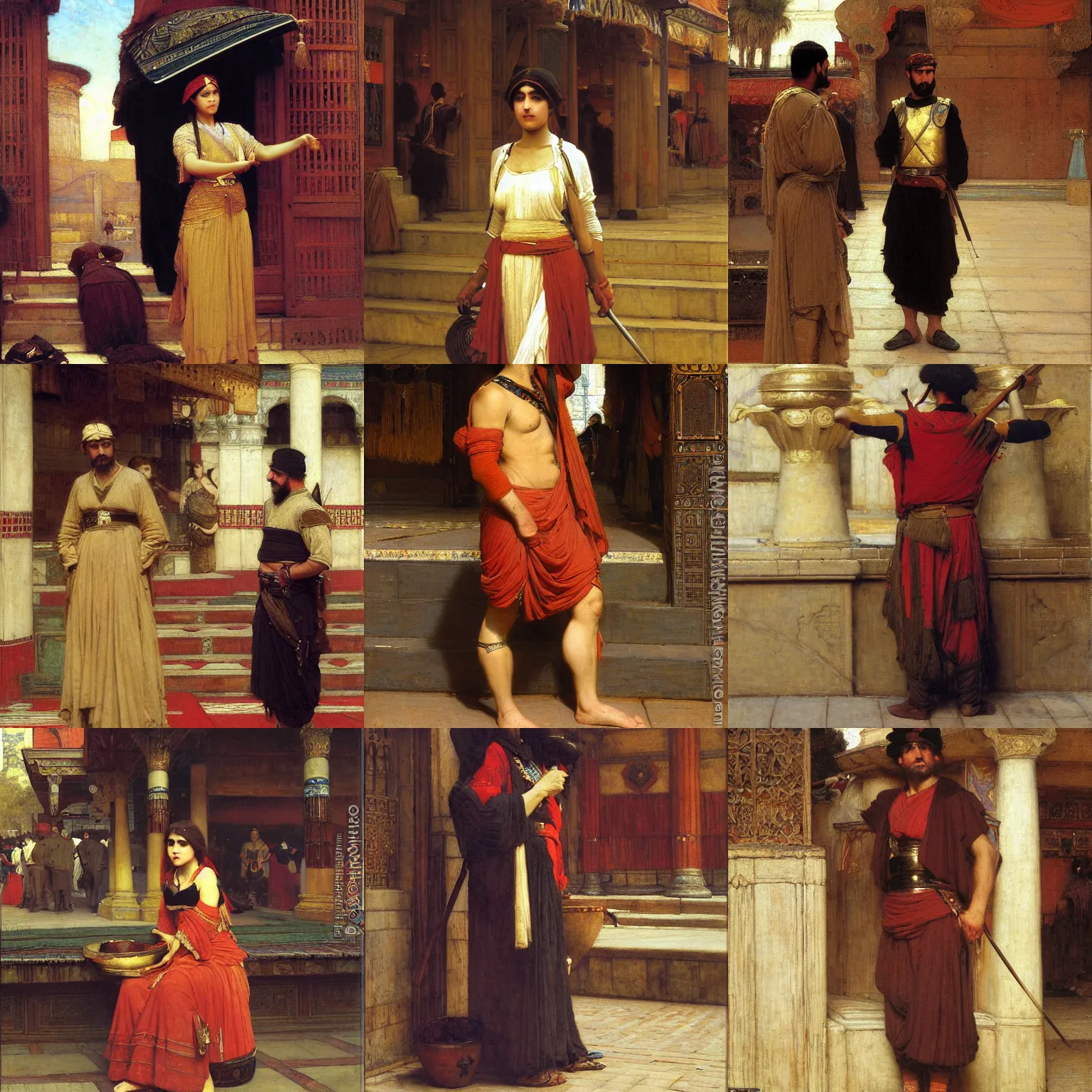 Prompt: orientalism painting guard in a marketplace portrait by john william waterhouse and Edwin Longsden Long and Theodore Ralli and gaston bussiere. Cinematic, hyper realism, dramatic lighting, high detail 8k