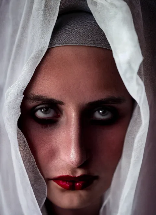 Image similar to closeup portrait of a young gothic nun with bright red lipstick, depth of field, zeiss lens, detailed, symmetrical, centered, fashion photoshoot, by Annie Leibovitz and Steve McCurry, David Lazar, Jimmy Nelsson, Breathtaking, 8k resolution, extremely detailed, beautiful, establishing shot, artistic, hyperrealistic, beautiful face, octane render