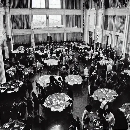 Prompt: A beautiful photograph of a large room with many people in it. There is a lot of activity going on, with people talking and moving around. The room is ornately decorated and there is a large window at one end. by Bruce Davidson