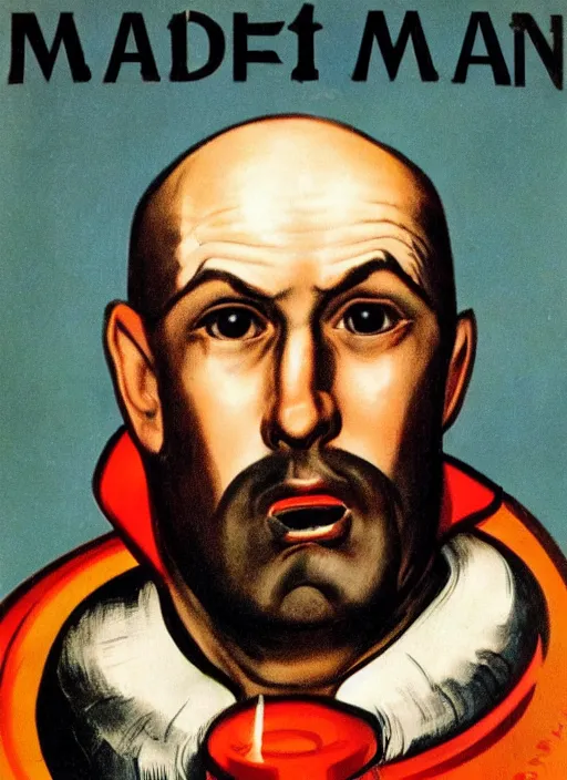 Prompt: portrait of glamorous bald medieval man with annoyed gesture, 1940s propaganda poster, full hd,highly detailed