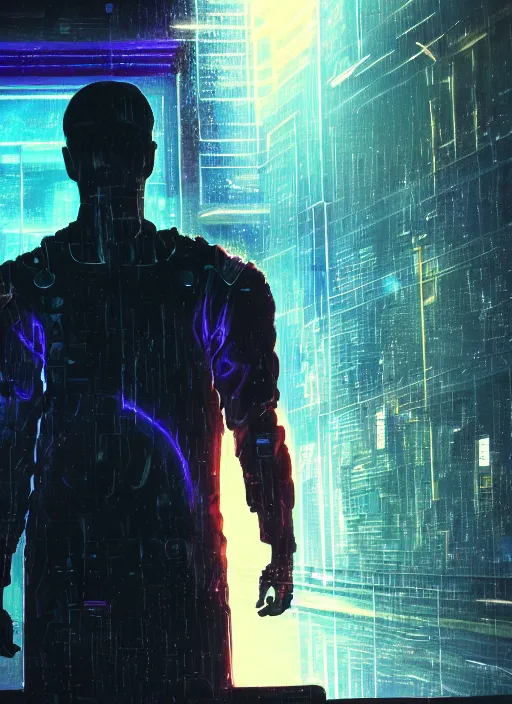 Image similar to one cyber godly person made of cosmic nebula galaxy energy watching a rainy colorful complex cyberpunk futuristic holographic city from behind at night through a window in a room, reflections, high contrast, 8 k, photorealistic, concept art, wet, highly detailed, cinematic mood by ridley scott, ghost in the shell, trending on artstation, glowing and epic