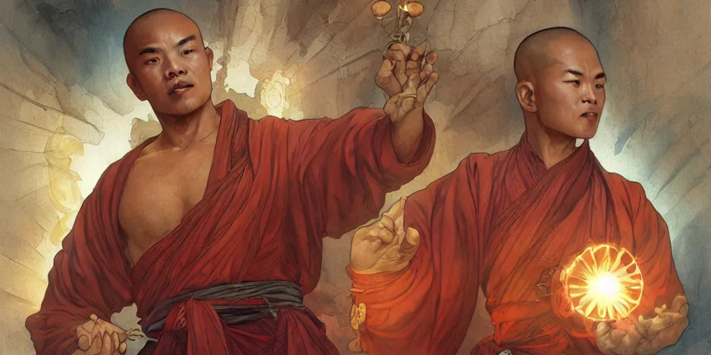 Image similar to shaolin monk holding an orb of light. fantasy, digital painting, 8 k, highly detailed. realistic award, disney concept art watercolor illustration by mandy jurgens, alphonse mucha and alena aenami