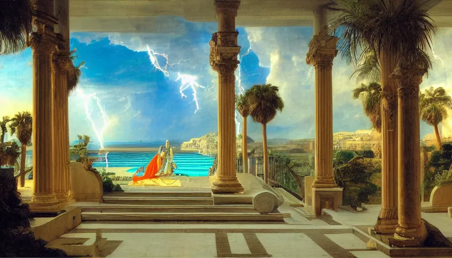 Image similar to From inside the balcony of the giant Palace, mediterranean balustrade and columns, refracted lines and sparkles, thunderstorm, greek pool, beach and Tropical vegetation on the background major arcana sky and occult symbols, by paul delaroche, hyperrealistic 4k uhd, award-winning, very detailed paradise