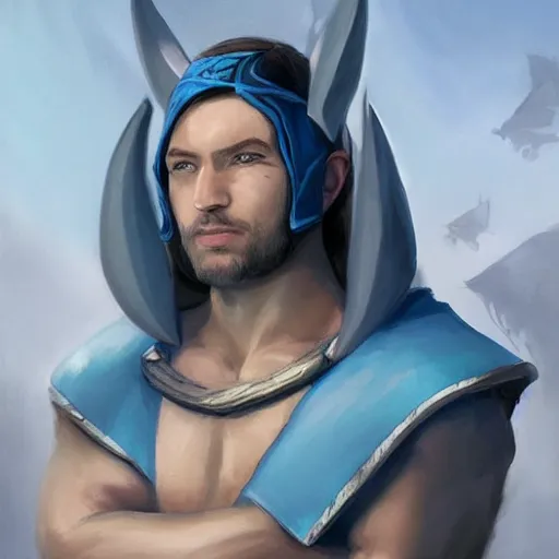 Image similar to blue-skinned 5e triton, wearing robes and holding a shark-tooth spear, naval background, fantasy, D&D 5e, 5th edition, portrait, piercing stare, highly detailed, digital painting, HD, artstation, concept art, matte, sharp focus, illustration, art by artgerm and greg rutkowski