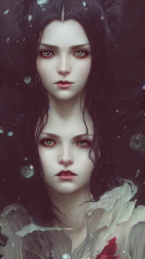 Image similar to highly detailed vfx portrait of a beautiful vampire girl, wonderful eyes, three - dimensional rendering, unreal engine, alexey gurylev, greg rutkowski, loish, rads, beeple, makoto shinkai and lois van baerle, rossdraws, tom bagshaw, alphonse mucha, global lighting, detailed and complex environment