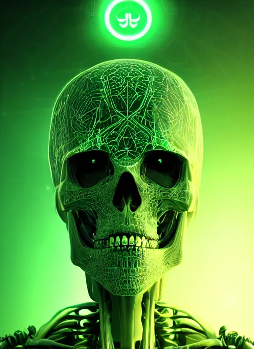 Image similar to extreme close up, portrait of a cyber skeleton, green glowing runes, exuding green energy runes, intricate, elegant, eerie lights, grim dark, ancient, gloomy, atmospheric, highly detailed, digital painting, artstation, concept art, smooth, sharp focus, illustration, art by wlop, mars ravelo and greg rutkowski