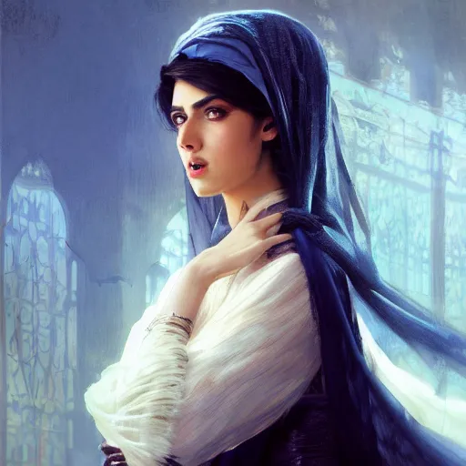 Image similar to a Photorealistic dramatic hyperrealistic render of an arab ameera al taweel, blue eyes, black hair, with a pet fox white veil,by WLOP,Artgerm,Greg Rutkowski,Alphonse Mucha, Beautiful dynamic dramatic dark moody lighting,shadows,cinematic atmosphere,Artstation,concept design art,Octane render,8K