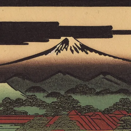 Prompt: Fujiyama, mountain range, valley with villages, small clouds in the sky, woodblock print, by Hiroshi Yoshida