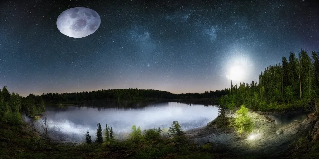 Image similar to a detailed beautiful matte painting of a forested river valley under a starry night sky, moon reflecting on water, by Mikko Lagerstedt and Raphael Lacoste, fisheye lens