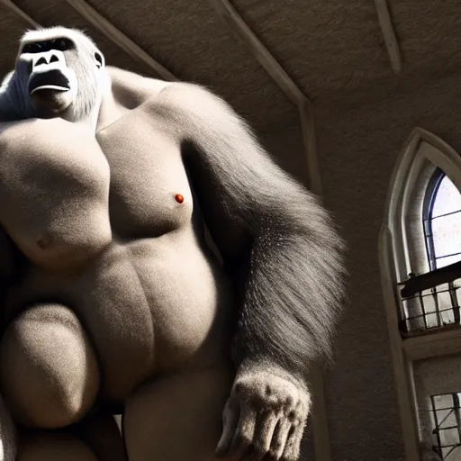 Image similar to big gorilla man terroizing church, 8k cinematic lighting, very sharp detail, anatomically correct