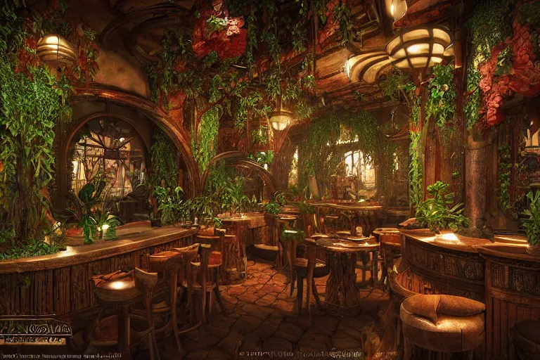 Image similar to inside an elvish art nouveau lush tavern found in italy with potted plants, artgerm, yoshitaka amano, baroque interior, 8 k, octane render, unreal engine