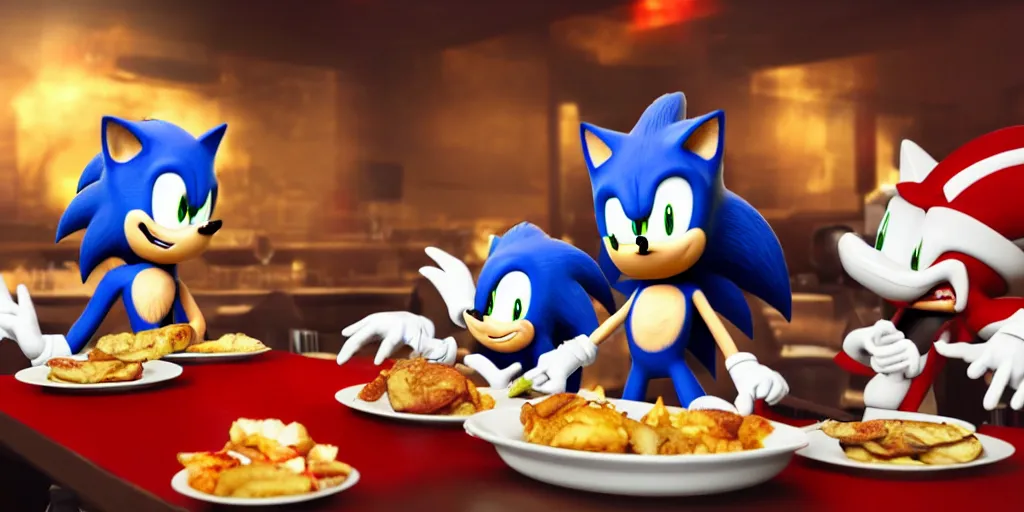 Image similar to A render of Sonic the Hedgehog sitting across from Shadow the Hedgehog at a restaurant, Sonic looks like he is shocked, Shadow is looking away in disgust, they both have hamburgers in front of them on a plate, movie, HDR, moody lighting, unique camera angle