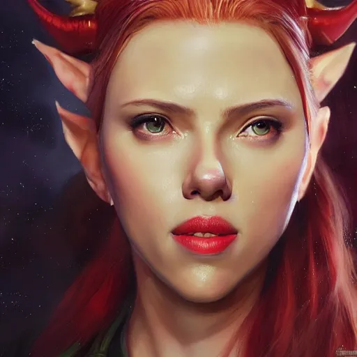 Image similar to a movie still frame, of scarlett johansson as a female elf, oil on linen, beautiful painting, by tooth wu, artgerm, fantasy concept art portrait, by bayard wu,