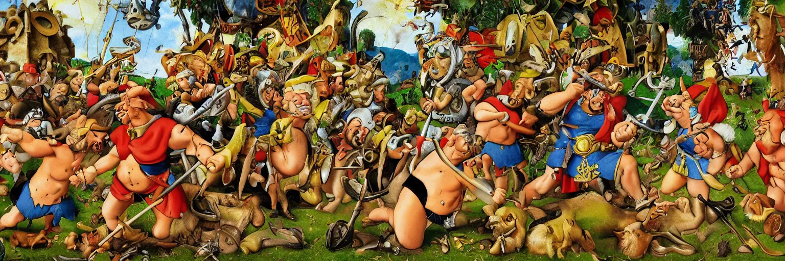 Image similar to Asterix and Obelix in the Garden of Earthly Delights. highly detailed, helmets, faces, studio lighting