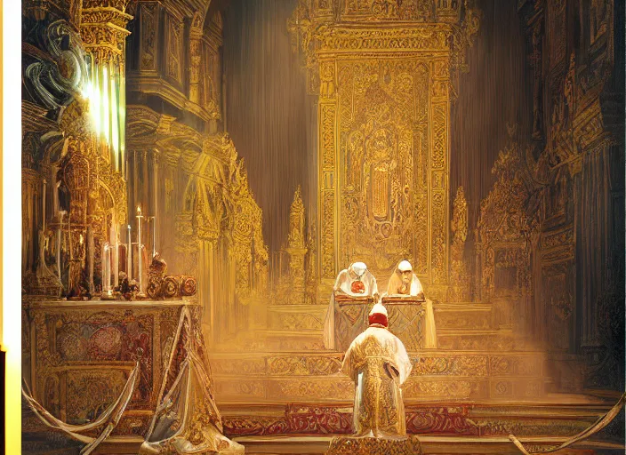 Image similar to worship of the pope, royal robe, gold trim, light effect, hyper detailed, intricate, atmospheric, elegant, photorealistic by paul lehr, marco mazzoni, featured on cgsociety, rococo, whimsical, artstation