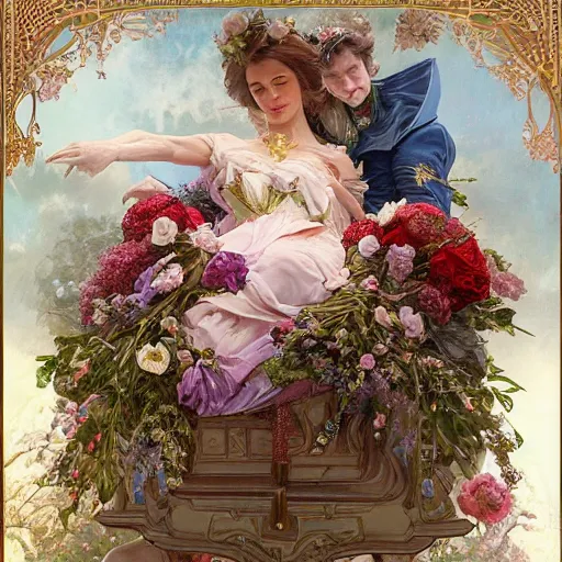 Image similar to an elaborate coffin with a mysterious sleeping beauty holding a large bouquet of flowing flowers, hands hidden under the bouquet, side view, fantasy, regal, intricate, by stanley artgerm lau, greg rutkowski, thomas kindkade, alphonse mucha, loish, norman rockwell