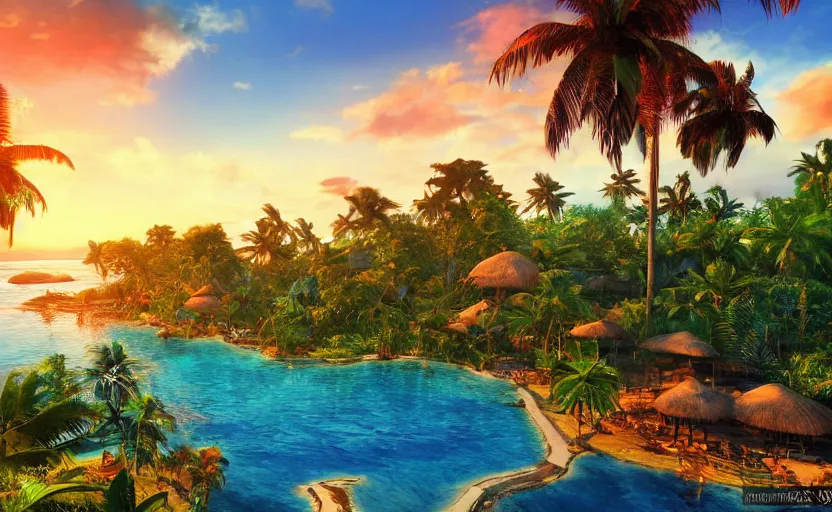 Image similar to a tropical resort in a jungle paradise, with a beautiful red and blue sunset, dynamic lighting, photorealistic fantasy concept art, trending on art station, stunning visuals, creative, cinematic, ultra detailed, ray tracing, sun rays, native tribes, wonderous waters, amazing detail