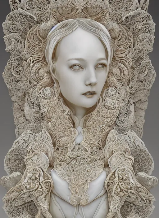 Image similar to opalescent marble sculpture of beautiful woman, mandelbulb, ivory carving, fractal paisley inlay, lace, intricate, lace, elegant, highly detailed, artgerm, lace, by ruan jia and greg rutkowski