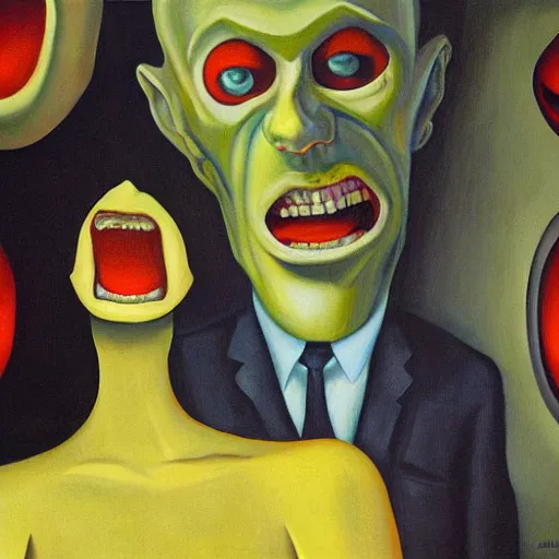 Image similar to laughing evil mastermind, human subjugation, mind control, dystopian, pj crook, edward hopper, oil on canvas