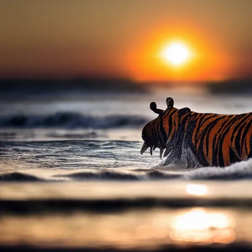 Image similar to a closeup photorealistic photograph of a cute smiling knitted tiger hippopotamus riding an epic wave at sunset. surf in the background. professional capture. brightly lit scene. this 4 k hd image is trending on artstation, featured on behance, well - rendered, extra crisp, features intricate detail, epic composition and the style of unreal engine.