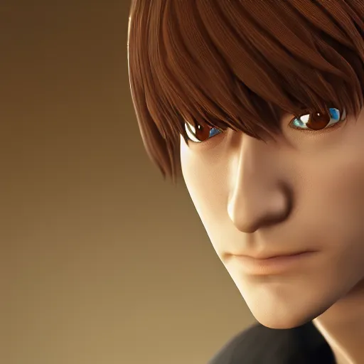 Prompt: a photorealistic 3 d render of light yagami, portrait!!, trending on artstation, 4 k quality, 4 k 3 d render