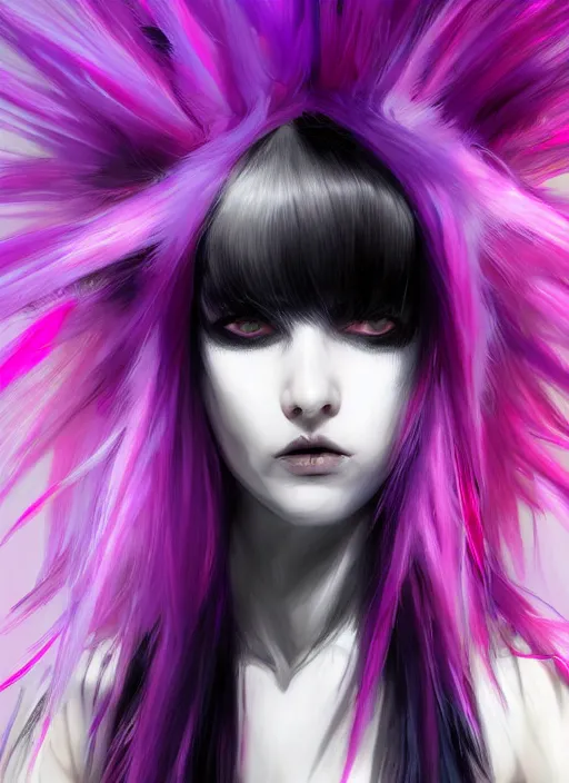 Image similar to hair whitebangs hair, black cyberlox, portrait of normal teenage girl, white bangs, messy bangs, fluffy bangs, cyberlox, whitebangs, red contact lenses, purple background, intricate, elegant, highly detailed, digital painting, artstation, concept art, sharp focus, smooth, illustration, art by wlop, mars ravelo and greg rutkowski