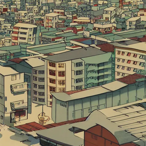 Image similar to japanese town, neighborhood, japanese city, underground city, modern city, tokyo - esque town, 2 0 0 1 anime, cel - shading, compact buildings, sepia sunshine