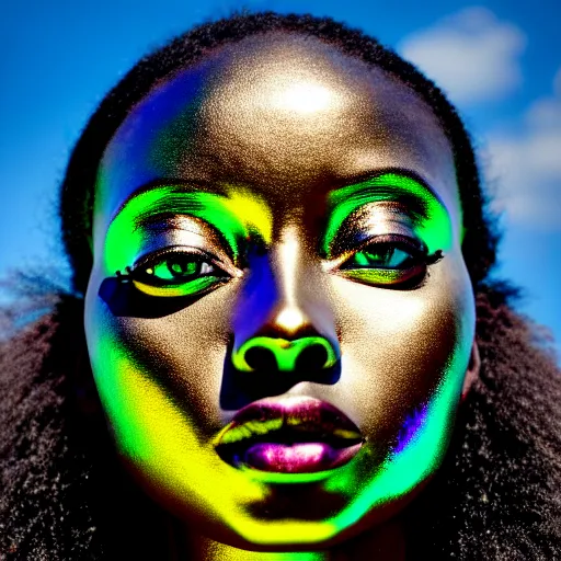 Image similar to portrait photograph of iridescent metalic face, african woman, iridescent reflections, proud looking, blue sky, 8 k, realistic, depth of field, highly detailed, art photography