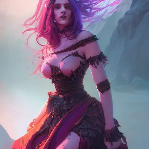 Prompt: necromancer glowing with purple magic, red hair, female, glacier landscape, D&D, fantasy, intricate, elegant, highly detailed, digital painting, artstation, concept art, matte, sharp focus, illustration, art by Artgerm and Greg Rutkowski and Alphonse Mucha