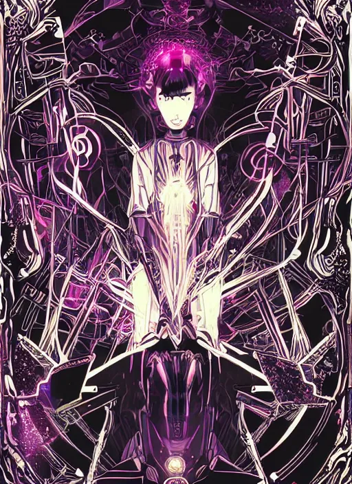 Image similar to white arc - witch with mystic robotic, blade runner, akira, ghost in the shell, elden ring, style of laurie greasley and satoshi kon + symmetric lights and smoke, psychedelic effects, glowing particles, neon rain, glowing runes, de - noise, symmetrical composition, high detailed + tarot card, ornate border, 8 k