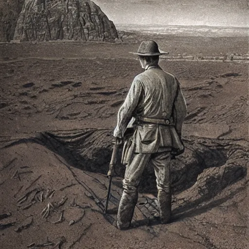 Image similar to ultra detailed photorealistic sepia - toned photograph from 1 9 1 7, a british officer in field fear standing at an archaeological dig site in wadi rum, ultra realistic, painted, intricate details, lovecraft, atmospheric, dark, horror, brooding, highly detailed, by angus mcbride