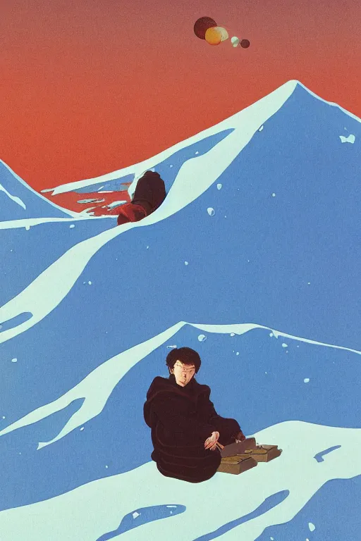 Prompt: a closeup portrait of anti - gravity, a young siberian man dreaming psychedelic hallucinations in the vast icy landscape of antarctica, volcano lava drips in anti - gravity by kawase hasui, moebius and edward hopper, colorful flat surreal design, hd, 8 k, artstation