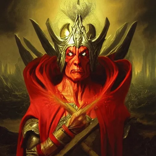 Image similar to A red demon mage. He is wearing mage armor and a crown. He is frowning seriously. Award winning oil painting by Thomas Cole and Wayne Barlowe