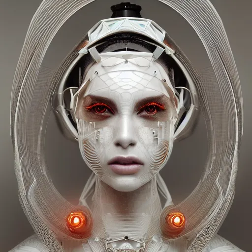 Prompt: portrait of an absurdly beautiful, graceful, sophisticated, fashionable cyberpunk mechanoid, hyperdetailed illustration by irakli nadar and alexandre ferra, intricate linework, white porcelain skin, faberge, coral headdress, unreal engine 5 highly rendered, global illumination, radiant light, detailed and intricate environment,