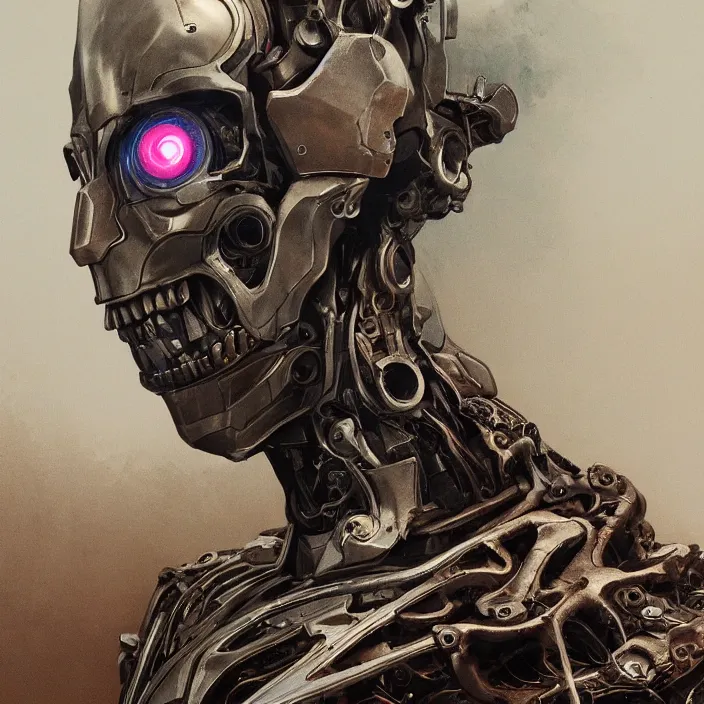 Prompt: portrait of a topaz Ultron from Age of Ultron, clockwork steampunk, head and chest only, cybernetic skull-like head, by Beksinski, 4k, deviantart, trending on artstation