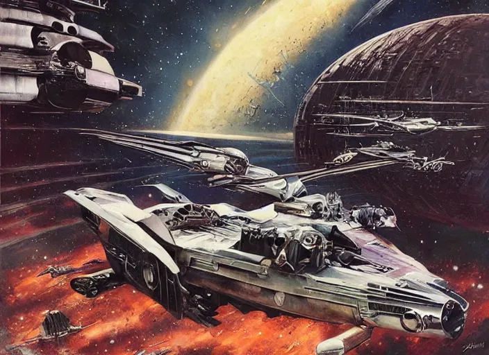 Prompt: ( ( ( ( ( classic vintage motorcycle, motorcycle concept art, sci - fi illustration, painting ) ) ) ) ) by vincent di fate and john berkey and star wars!!!!!!!