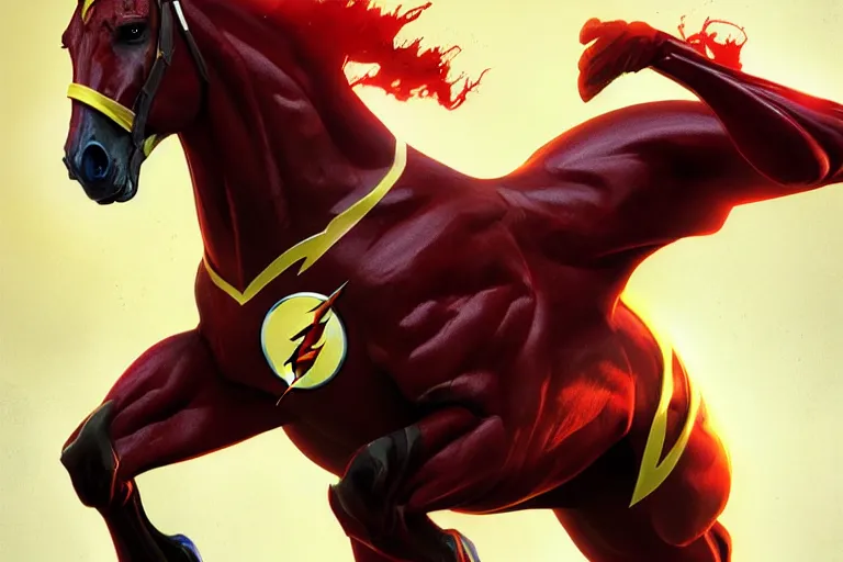 Image similar to a stunning digital painting of a horse as the flash in spandex costume, running in the speedforce by greg rutkowski, volumetric light, digital art, fine detail, photorealistic