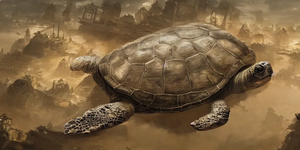 Prompt: huge ancient turtle with an abandoned city on its back, greg rutkowski, 8 k, shallow depth of field, intricate detail, concept art,