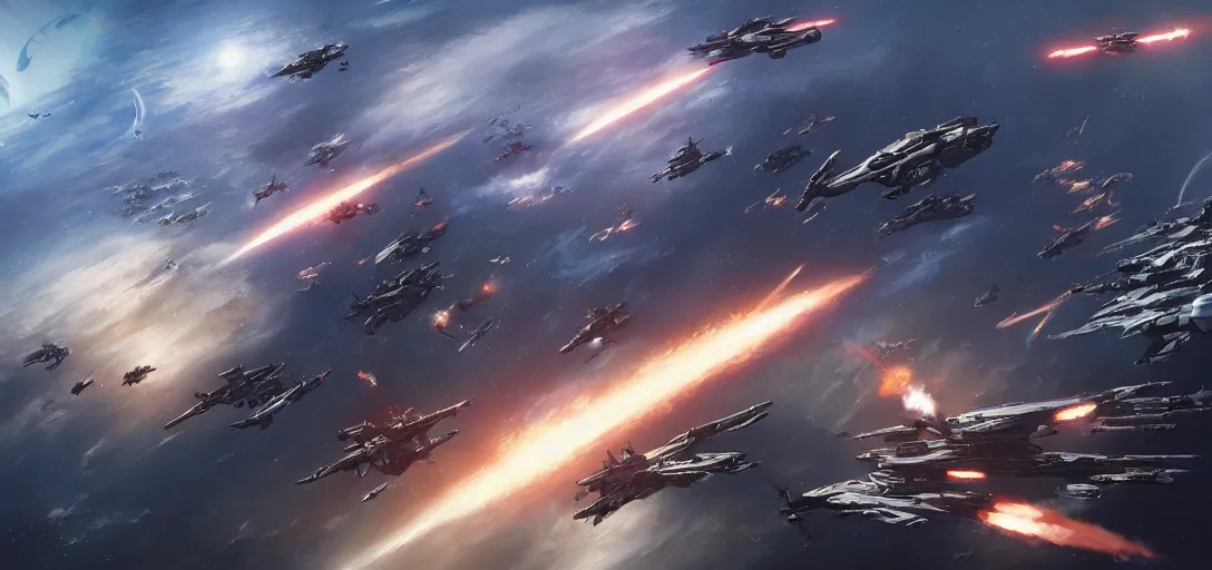 Prompt: eve online space battle with huge carriers and destroyers and fighter ships by Stanley Artgerm Lau, greg rutkowski, thomas kindkade, alphonse mucha, loish, norman Rockwel